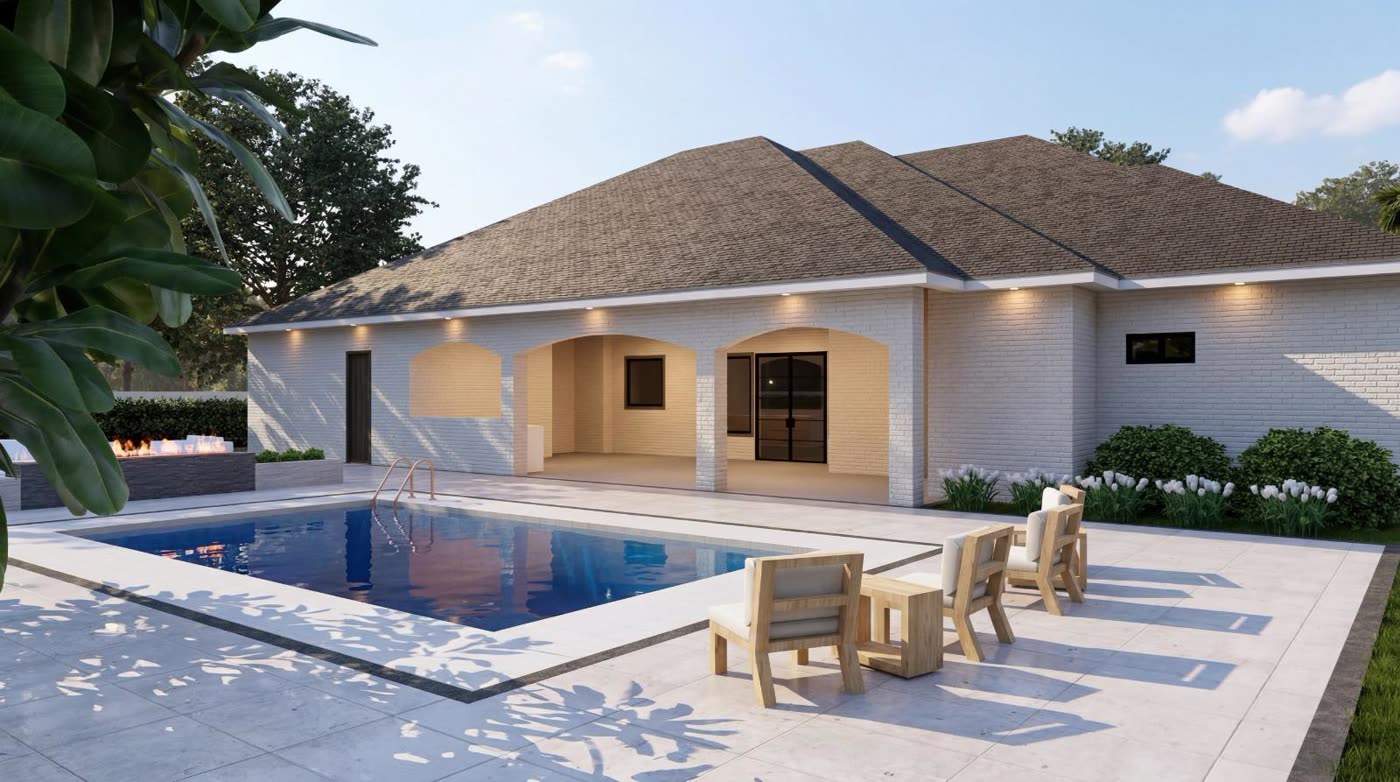 Kratos custom home exterior render — refined residential design, RGV Texas